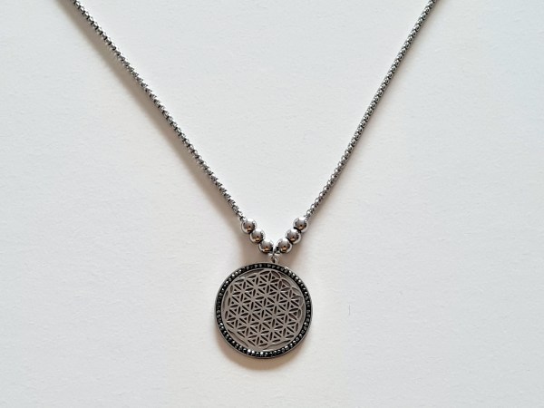 collier fleur de vie argentée strass acier inoxydable